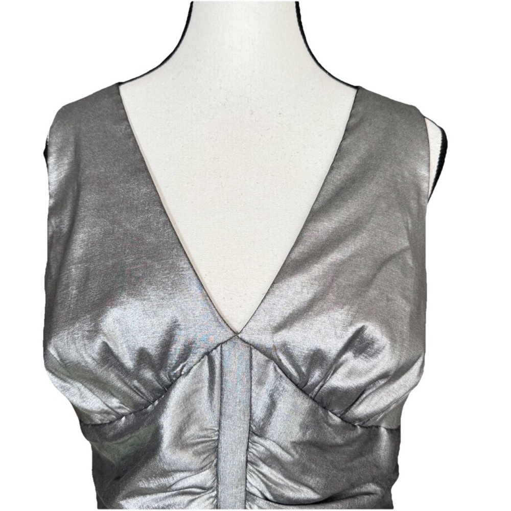 Jessica McClintock Silver Metallic Ruched V-Neck Mini Dress 14 Lace Back Prom - Picture 2 of 9